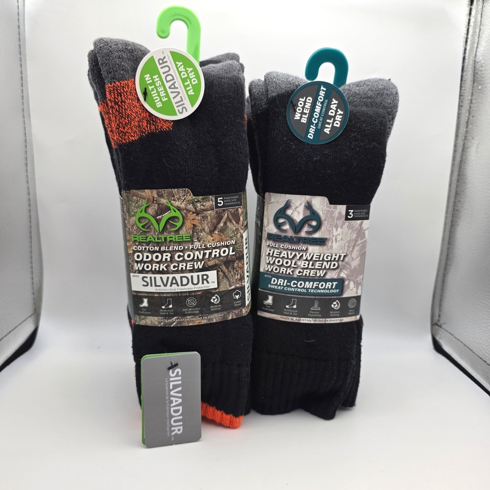 Realtree Mens Work Crew Socks 8 Pair Bundle Wool Blend Silvadur Size 6-12